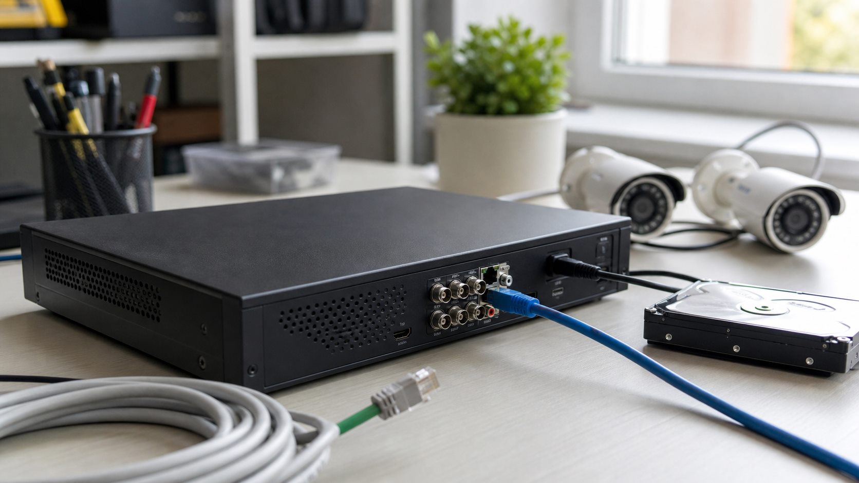 DVR pentru camere de supraveghere cu hard disk si cabluri de retea