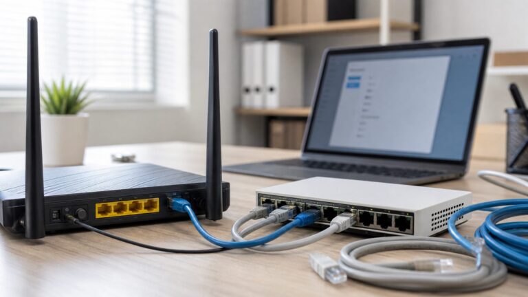 Router si switch de retea cu cabluri UTP pentru depanare internet firma